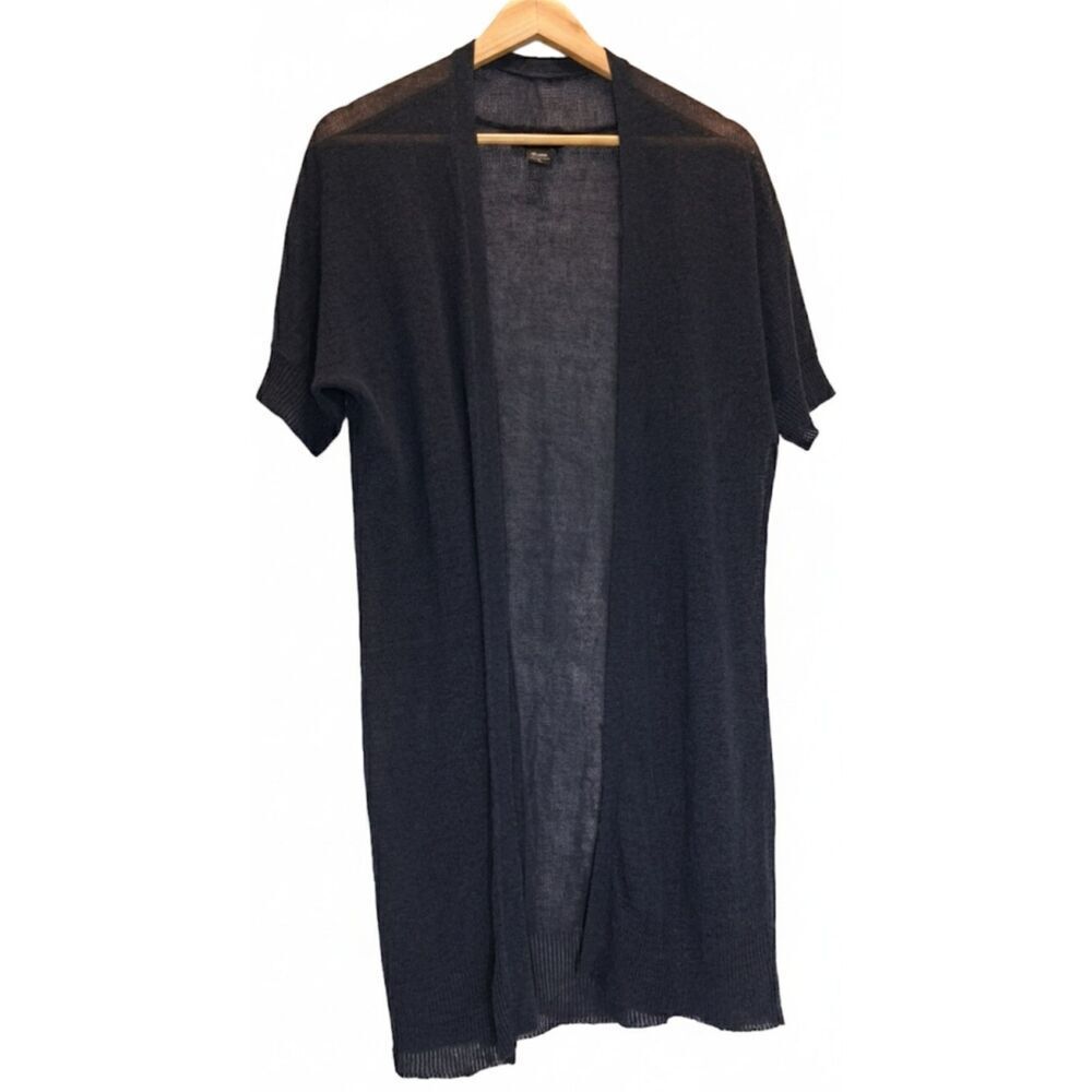 New York & Company womens large long linen cardigan sheer long blue